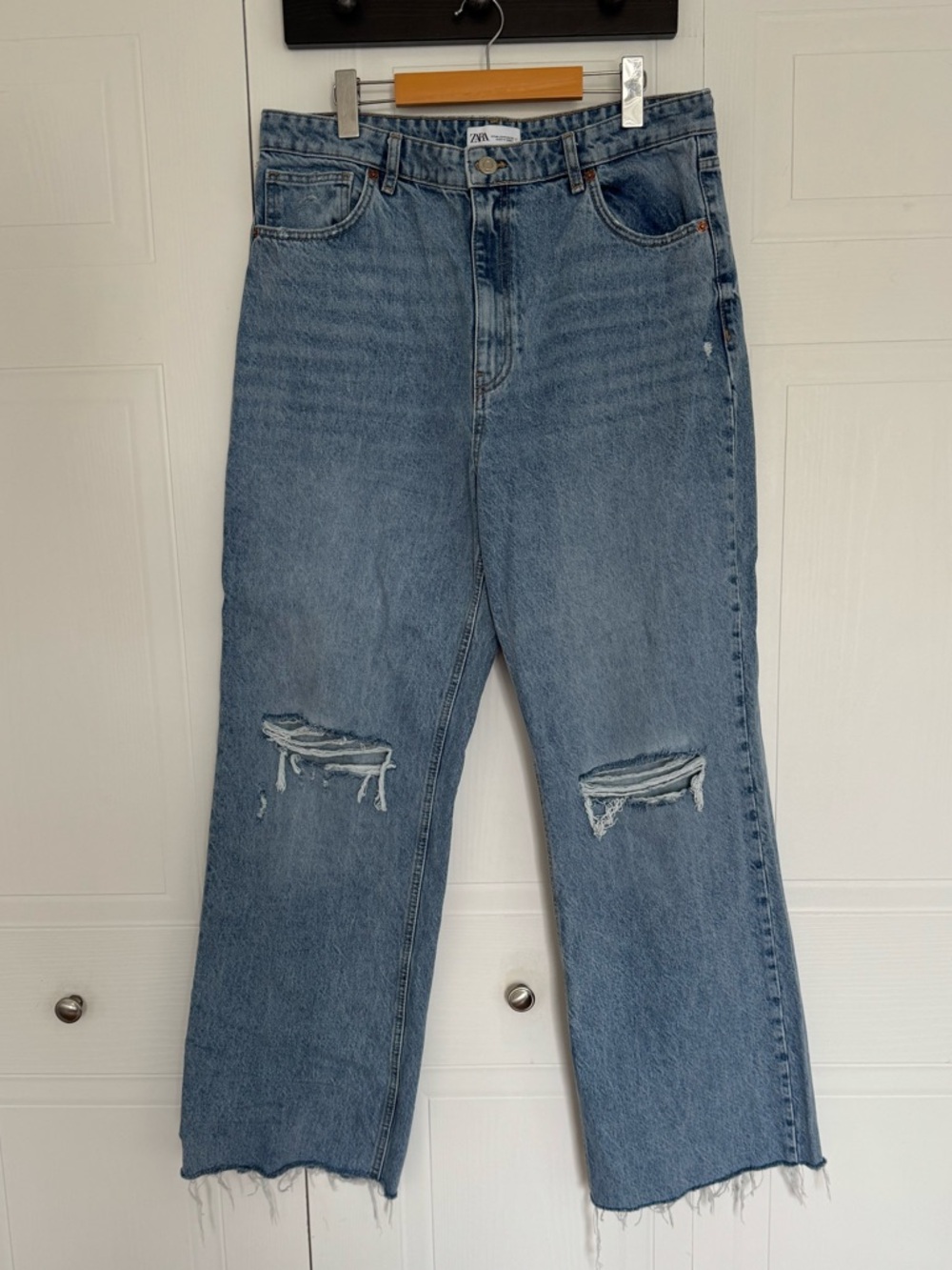 Zara Light Blue Distressed Wide-Leg Jeans